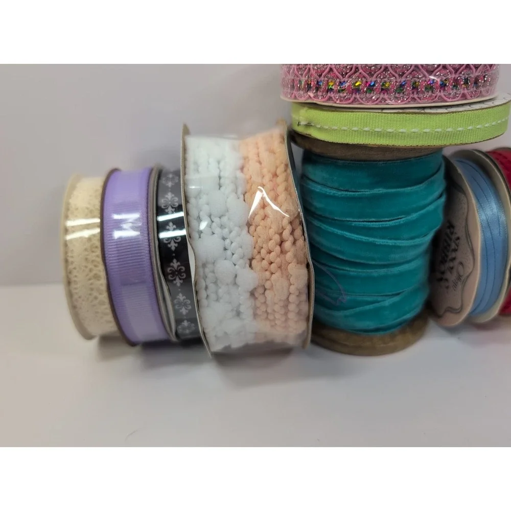 15 Spools Of  Ribbon Lot Purple Crochet Beaded Velvet Etc